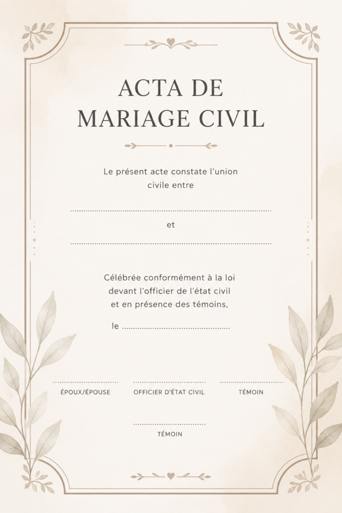 Un couple heureux à l'extérieur d'un bureau d'état civil, montrant leur acte de mariage civil.