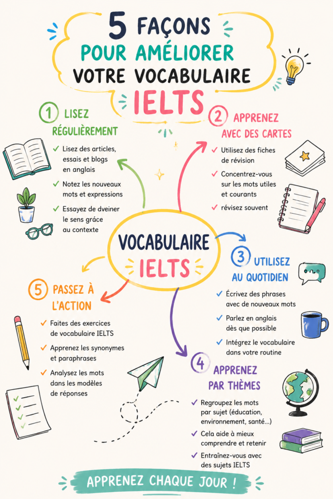 Une femme studieuse lisant un livre d'anglais pour améliorer son vocabulaire IELTS.