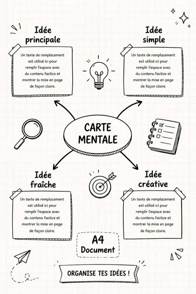 Illustration en noir et blanc représentant un doodle créatif sur une carte mentale.