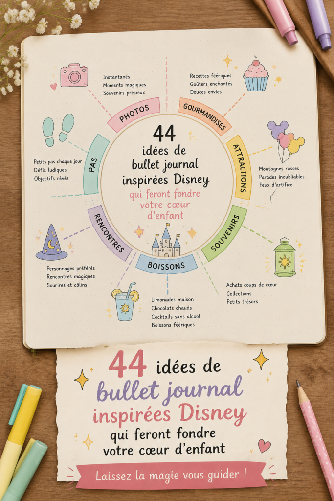 Bullet journal décoré avec des illustrations Disney colorées