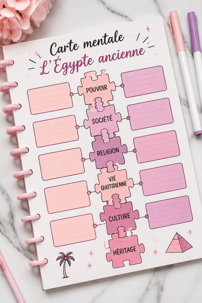 Carte mentale illustrant les éléments clés de l'Égypte ancienne.