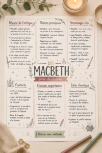 Carte mentale illustrant les thèmes principaux de Macbeth pour les étudiants en littérature anglaise.