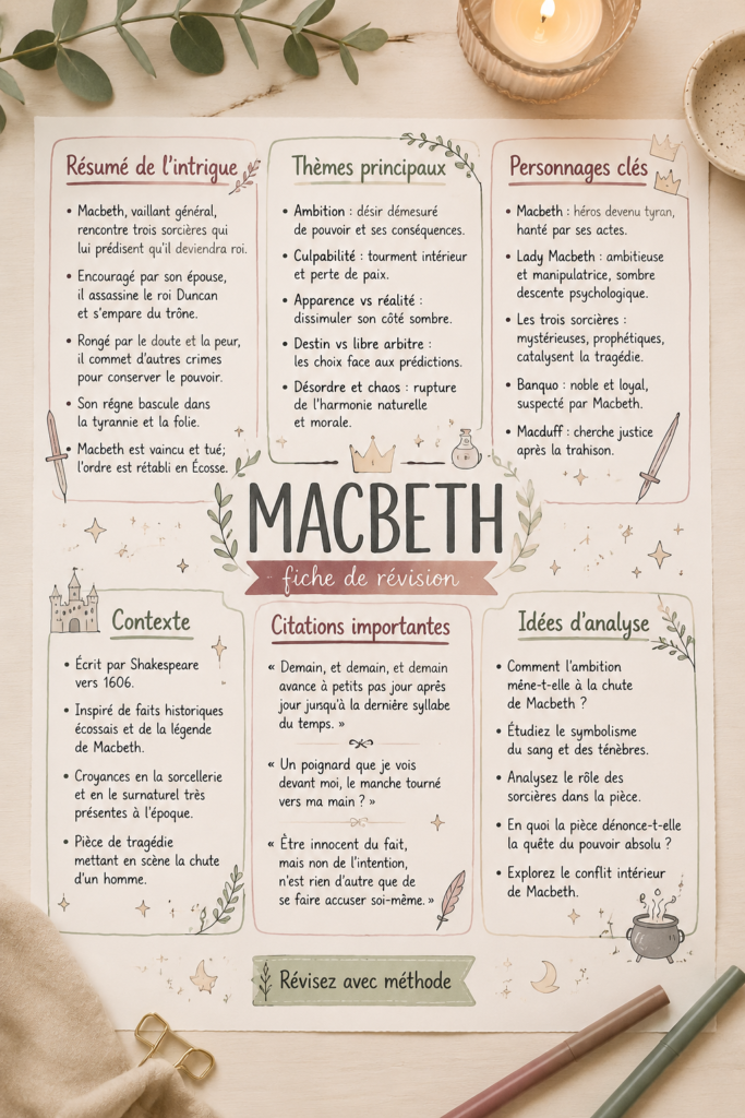 Carte mentale illustrant les thèmes principaux de Macbeth pour les étudiants en littérature anglaise.