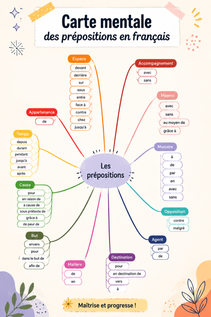 Carte mentale illustrant les prépositions en français