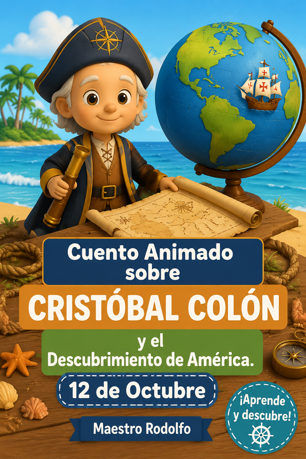 Illustration de Cristóbal Colomb sur son navire, explorant l'Atlantique.