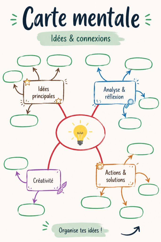 Illustration d'un mind map dessiné à la main, représentant des idées reliées.