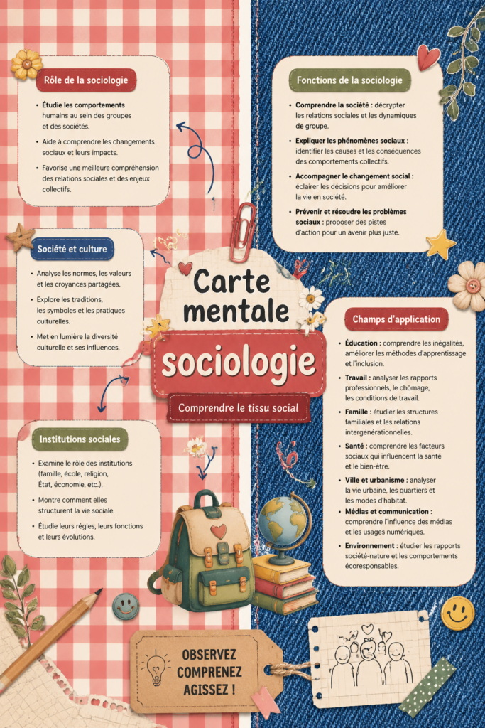 Une carte mentale représentant des concepts clés en sociologie.
