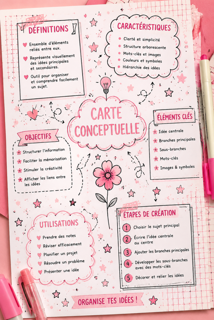 Une mind map colorée sur un fond blanc illustrant l'organisation de pensées.