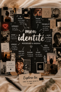 Un moodboard d'identité coloré et inspirant avec des images et des mots-clés.