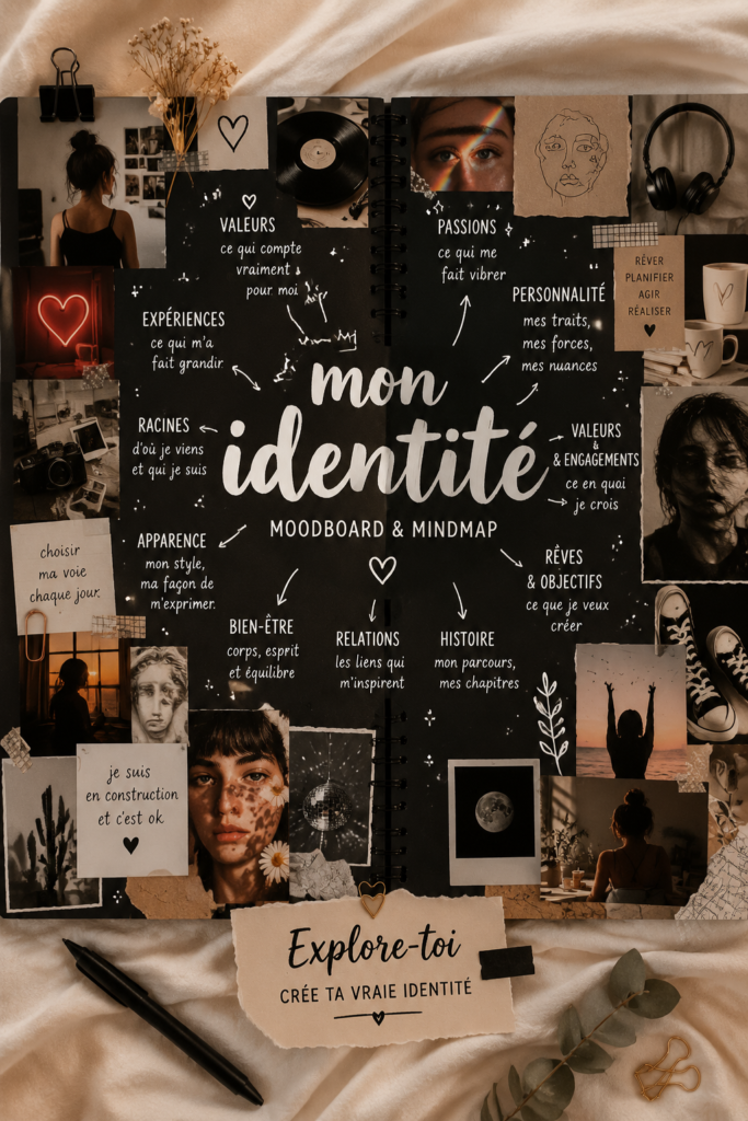 Un moodboard d'identité coloré et inspirant avec des images et des mots-clés.