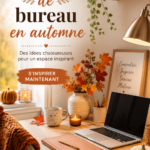 Un bureau décoré avec des éléments d'automne tels que des feuilles séchées et des couleurs chaudes.