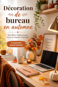 Un bureau décoré avec des éléments d'automne tels que des feuilles séchées et des couleurs chaudes.