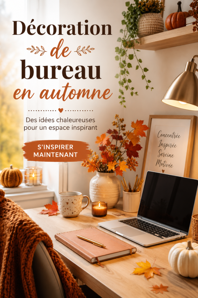 Un bureau décoré avec des éléments d'automne tels que des feuilles séchées et des couleurs chaudes.