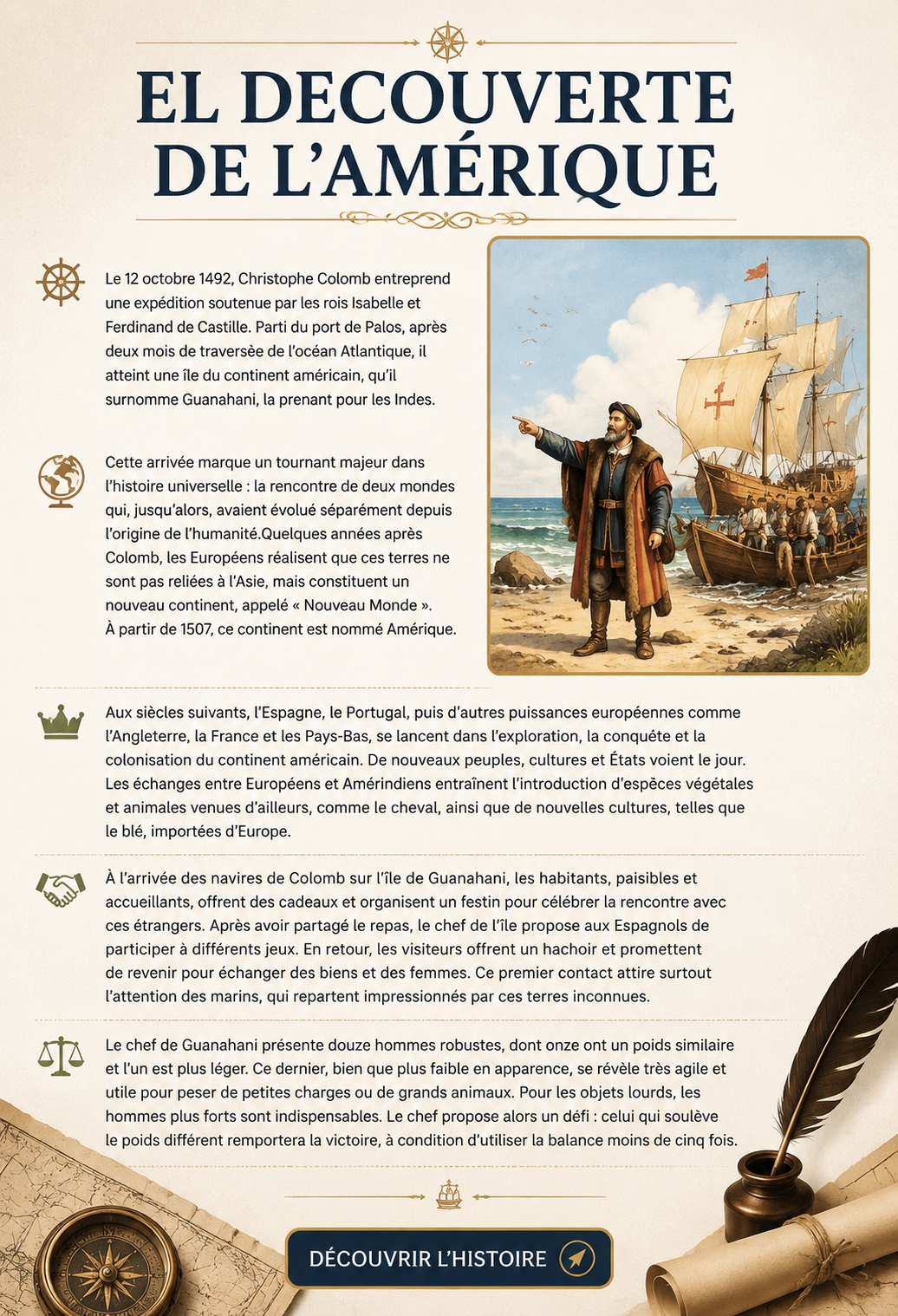 Illustration d'un explorateur découvrant l'Amérique, symbolisant l'Histoire de l'exploration.