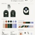 Un tableau coloré présentant des éléments de branding tels que logos et palettes de couleurs.