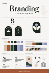 Un tableau coloré présentant des éléments de branding tels que logos et palettes de couleurs.