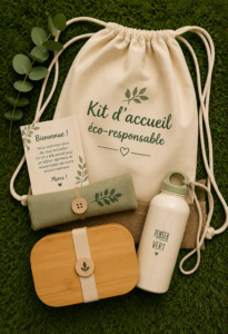 Kit d'accueil écoresponsable avec des produits naturels et durables, prêt à accueillir des invités