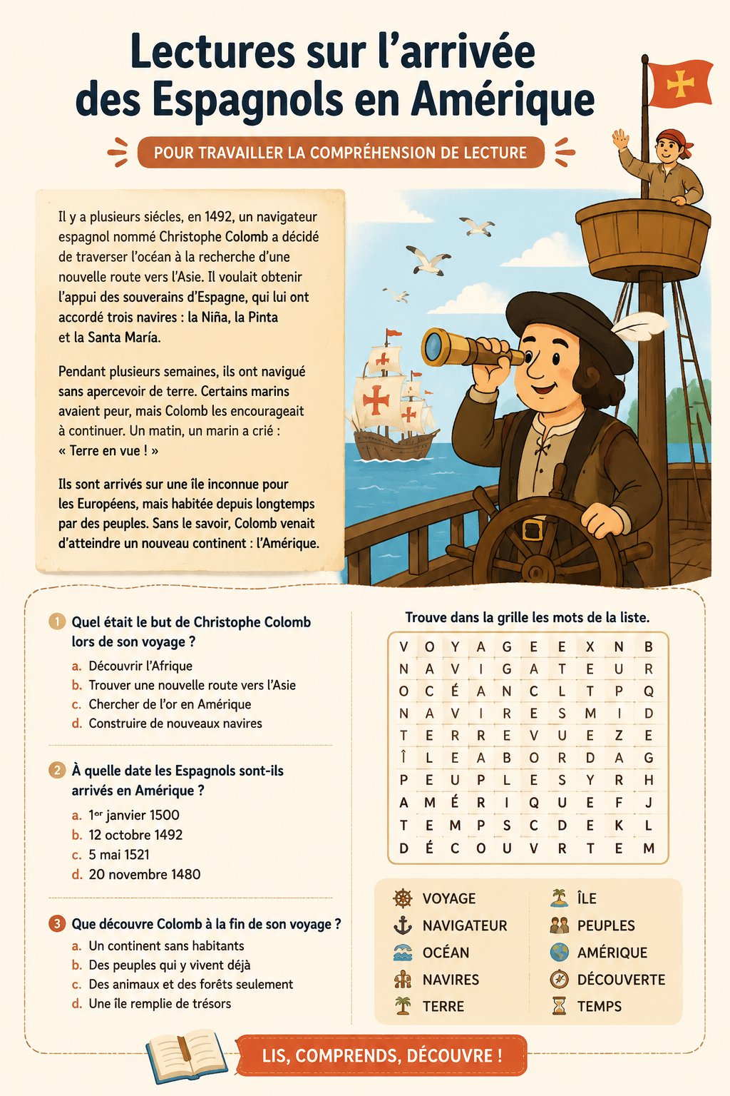 Illustration d'une lecture sur l'histoire de l'arrivée des Espagnols en Amérique