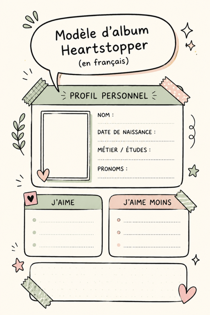 Album personnalisé inspiré de Heartstopper avec différents modèles.