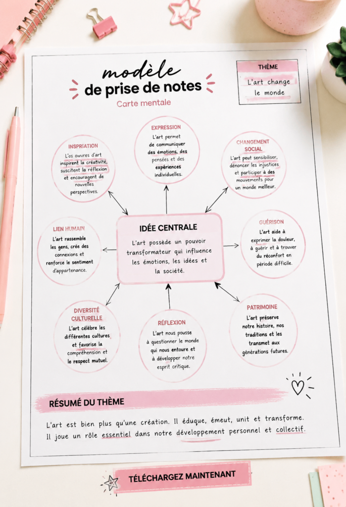 Modèle imprimable de prise de notes coloré sur un bureau