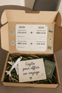 Une jolie boîte contenant des accessoires de voyage et une carte.