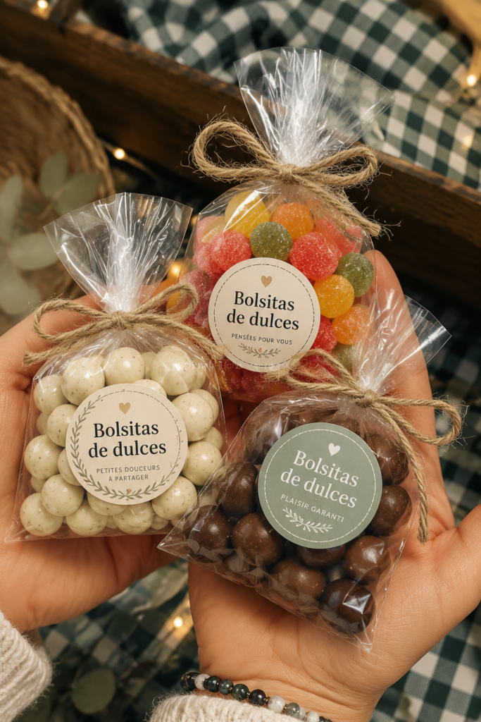 Sachets de douceurs colorés disposés sur une table festive, prêts à être offerts.