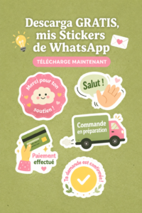 Femme utilisant son téléphone avec des stickers WhatsApp, symbole de communication chaleureuse.