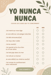 Un groupe d'amis s'amusant autour du jeu Yo Nunca Nunca lors d'une soirée festive.