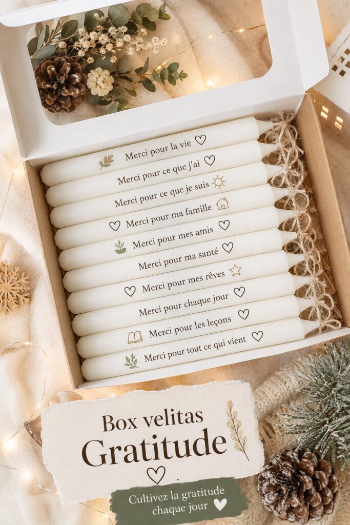 Une box de gratitude décorée avec des souvenirs et des notes inspirantes.