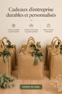 Cadeaux personnalisés écoresponsables pour entreprises, réunis dans un hamper élégant.