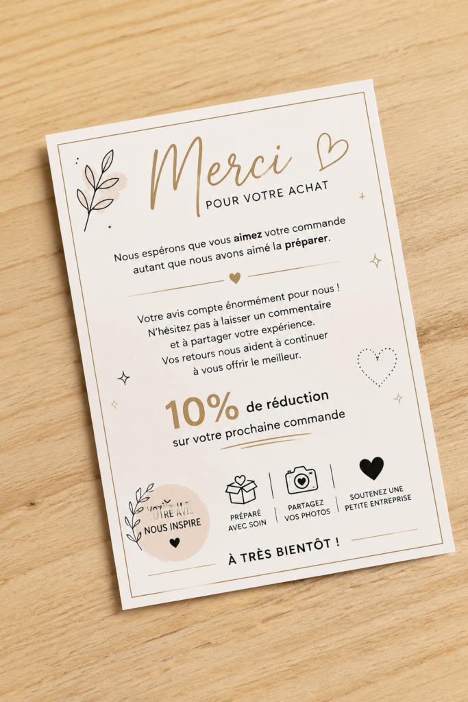 Une carte de remerciement colorée avec un message chaleureux pour les clients.