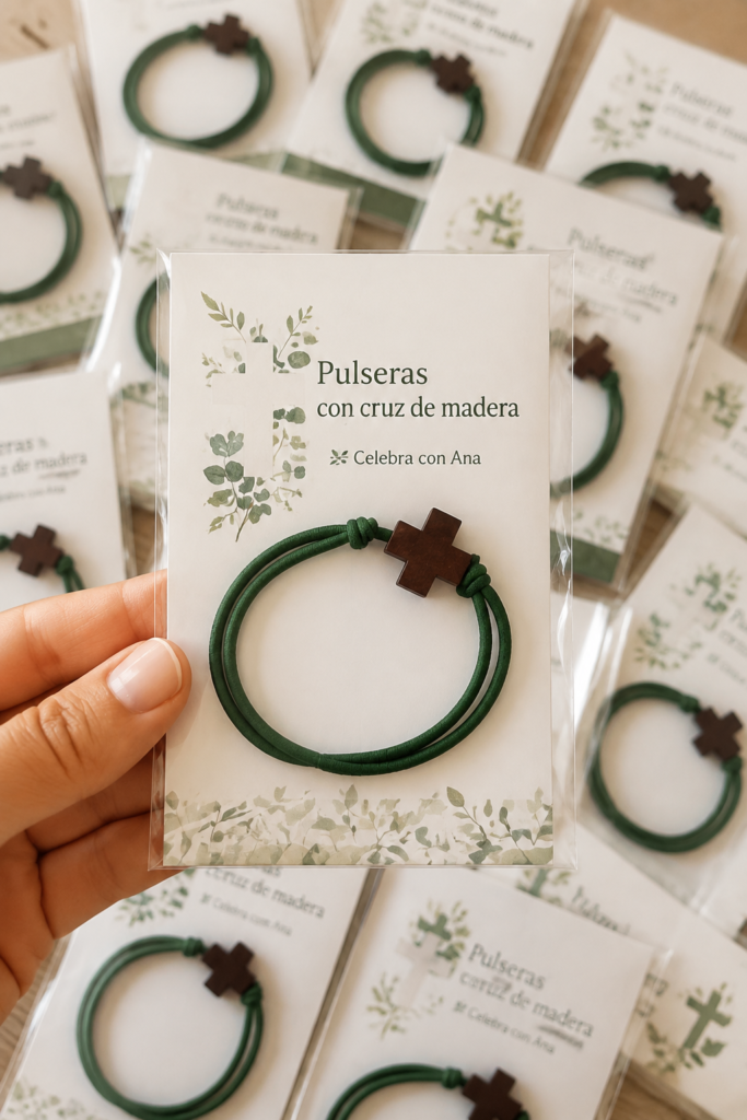 Bracelets en bois à croix présentés sur un fond coloré