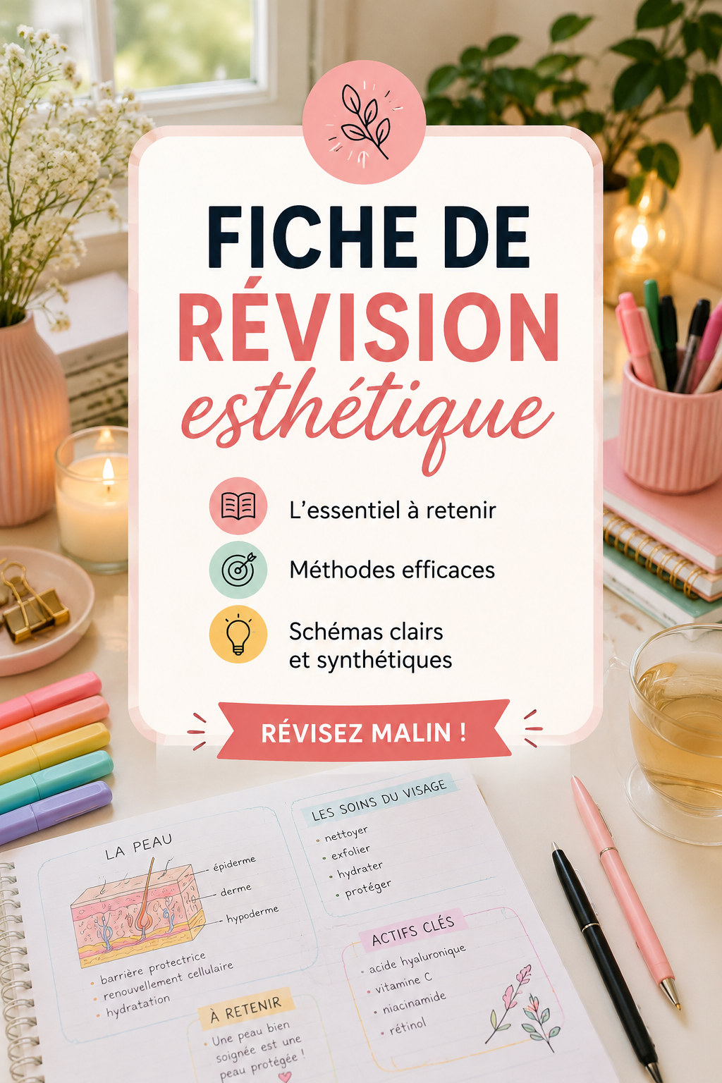 Exemple de fiches de révision esthétiques et bien organisées, adaptées aux femmes actives.