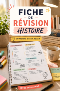 Fiche de révision d'histoire sur une table en bois, outils de bureau autour.