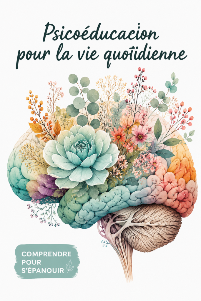 Femme en train de lire un livre sur la psicoéducation, souriante et détendue.