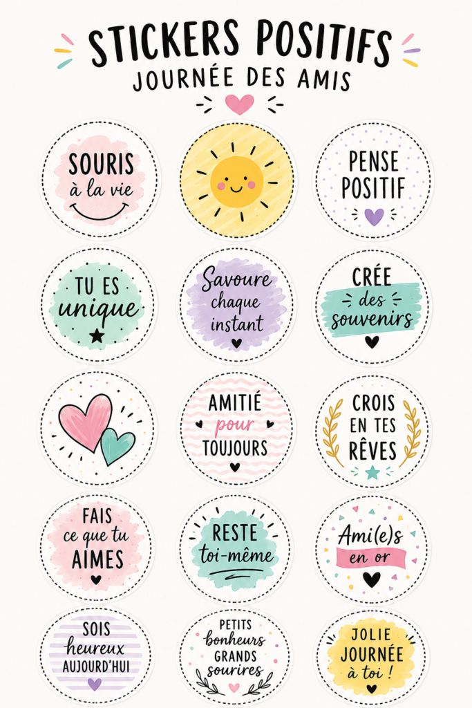Un ensemble d'autocollants colorés célébrant l'amitié sur un fond créatif.