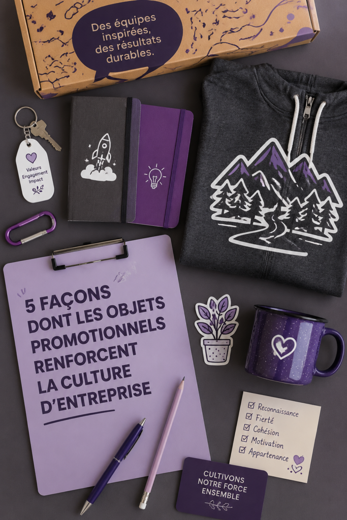 Un groupe d'employés souriant portant des vêtements de swag d'entreprise.