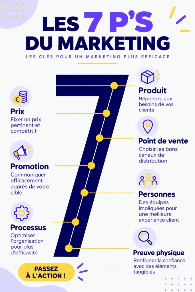 Infographie illustrant les 7 P du marketing pour entrepreneuses