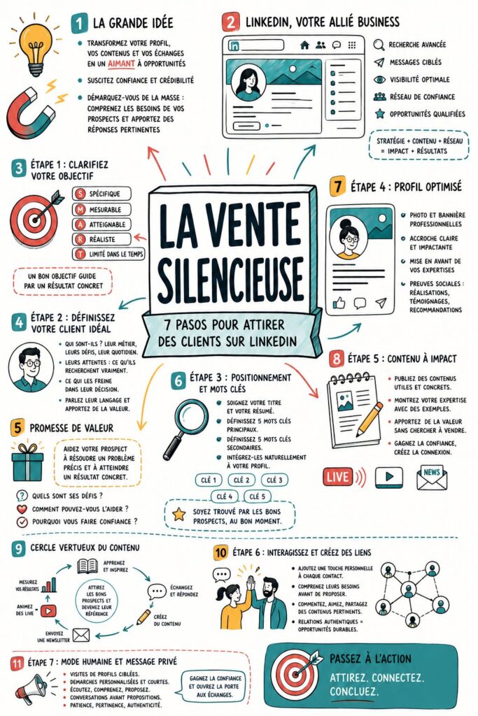 Femme souriante travaillant sur son profil LinkedIn pour attirer de nouveaux clients.