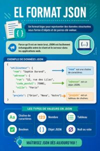 Une infographie expliquant le format JSON dans un contexte entrepreneurial.