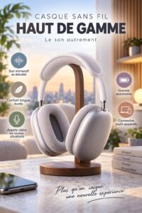 Maquette de fiche produit pour des écouteurs.