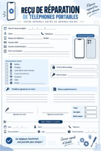 Un modèle de reçu de réparation pour services mobiles présenté sur un bureau.