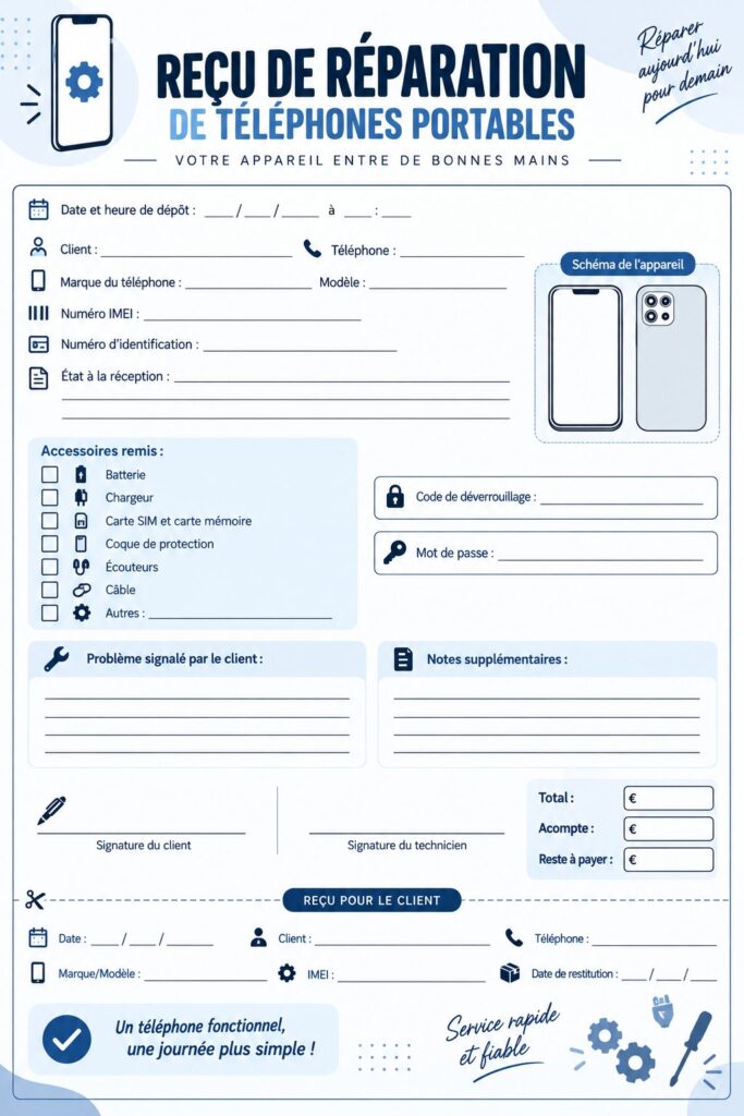 Un modèle de reçu de réparation pour services mobiles présenté sur un bureau.