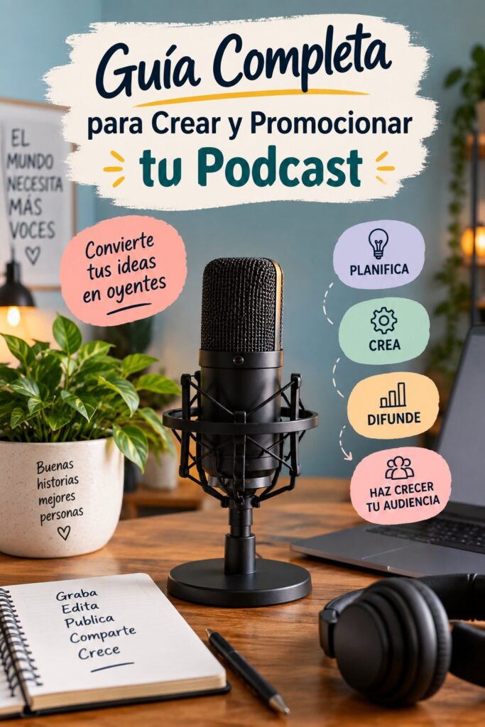 Femme souriante enregistrant un podcast dans son studio à domicile, entourée de matériel audio.