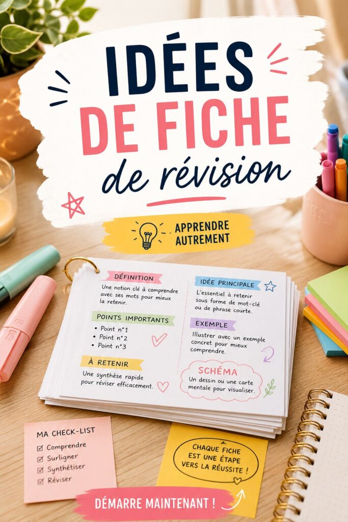 Fiches de révision colorées et bien organisées sur une table