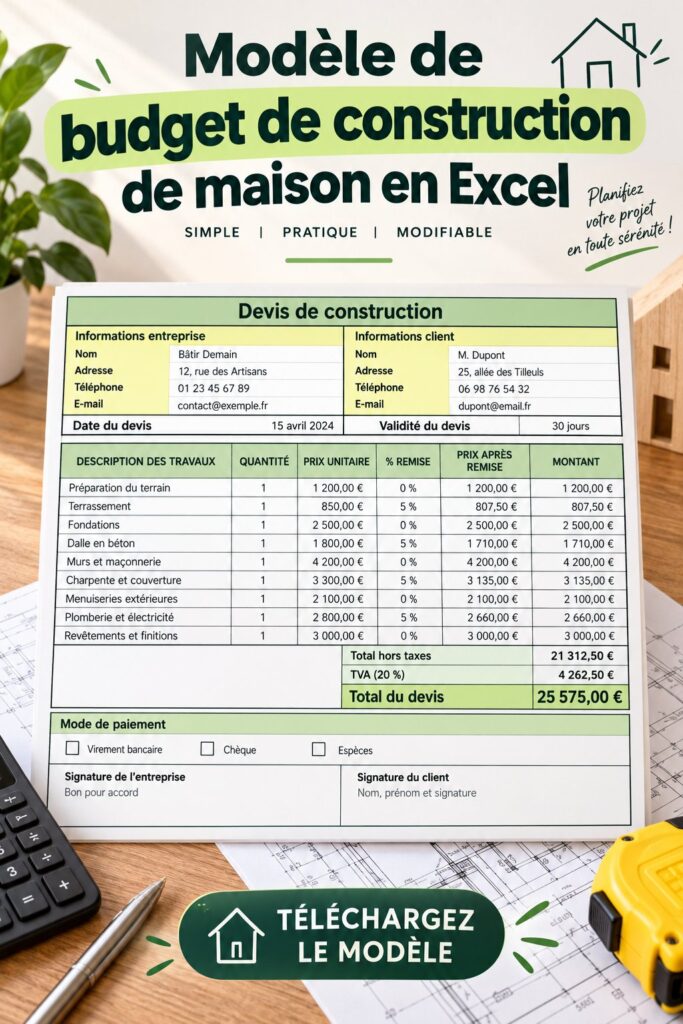 Modèle de budget de construction sur Excel avec graphique