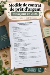 Modèle de contrat de prêt d'argent sur une table en bois