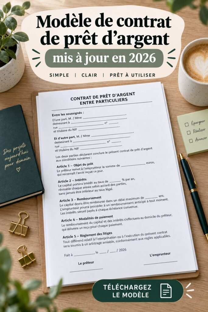 Modèle de contrat de prêt d'argent sur une table en bois