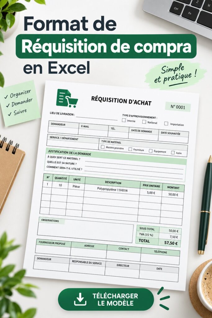 Modèle de demande d'achat en Excel avec des colonnes organisées.