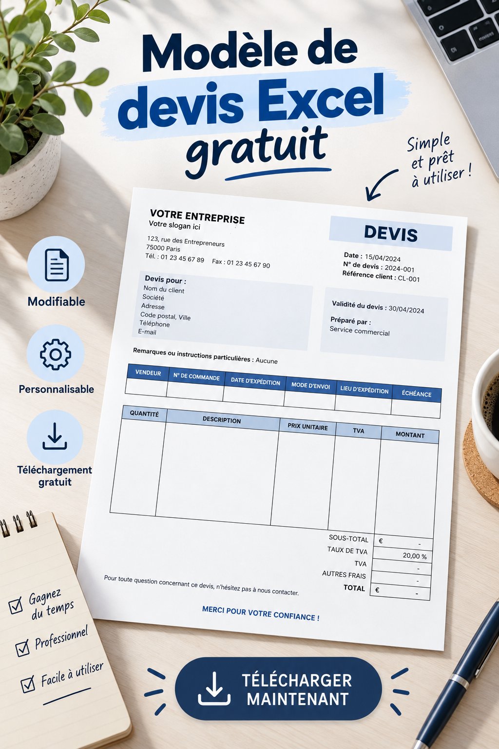 Capture d'écran d'un modèle de devis Excel gratuit pour entrepreneuses.